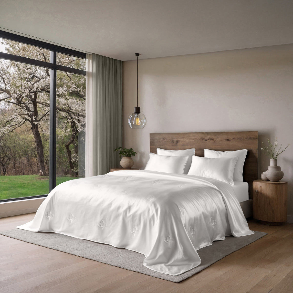 Luxury ÉSTIU cooling comforter set styled on bed showing breathable summer bedding set for hot weather comfort