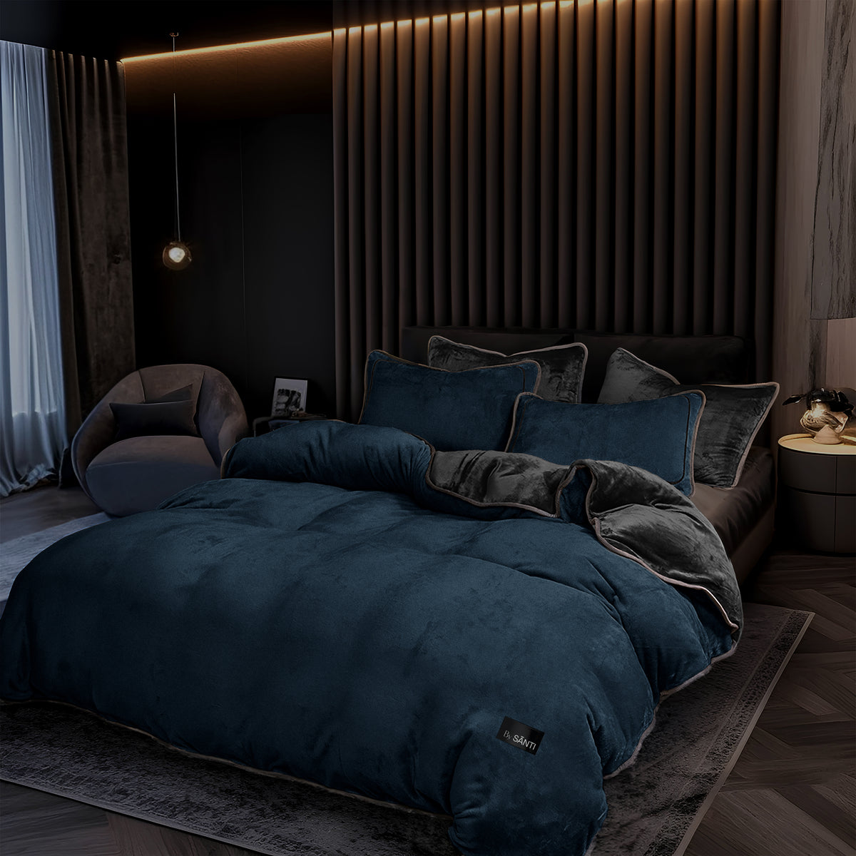 Velos Complete velvet bedding set styled in a luxury modern bedroom