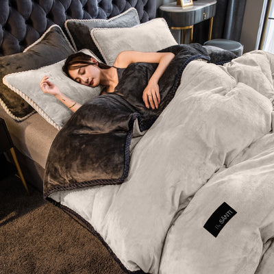 Amorgos velvet bedding set styled in aesthetic bedroom with soft lighting creating luxury hotel-inspired atmosphere
