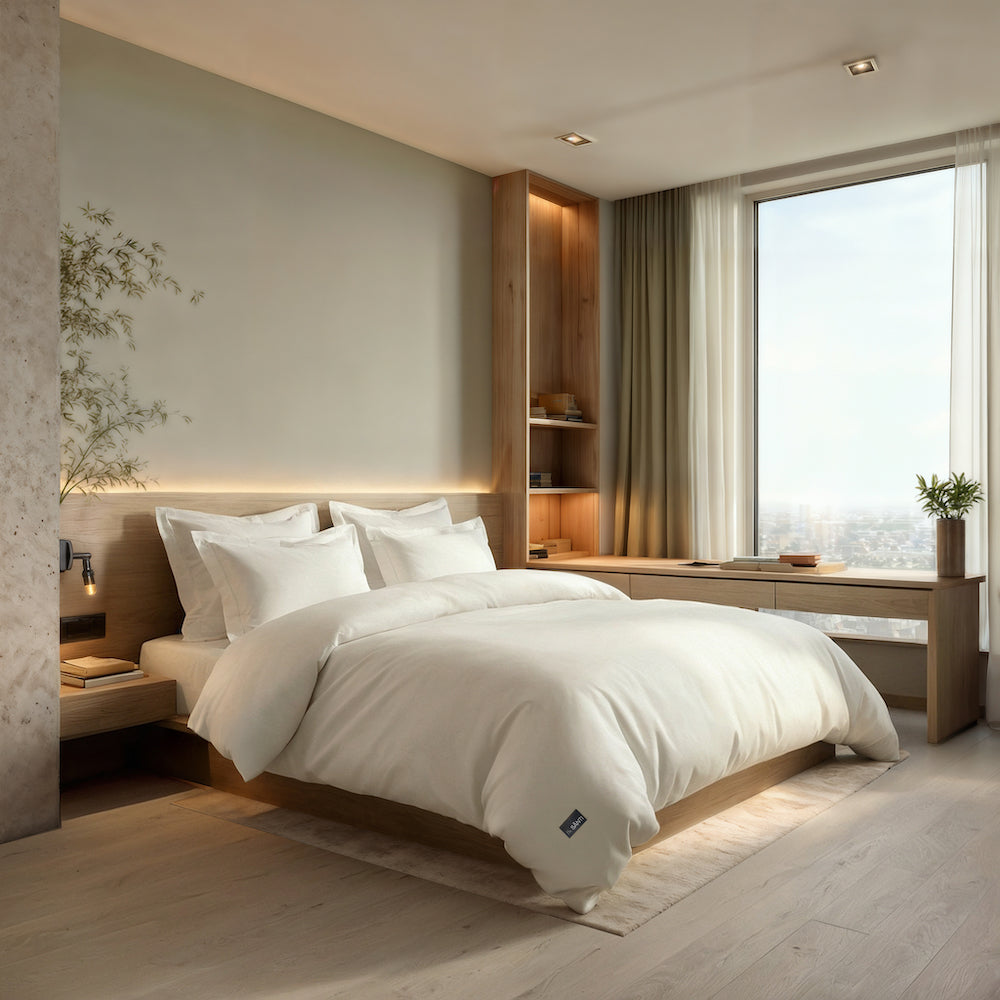 Hotel sateen bedding set styled in a luxury modern bedroom