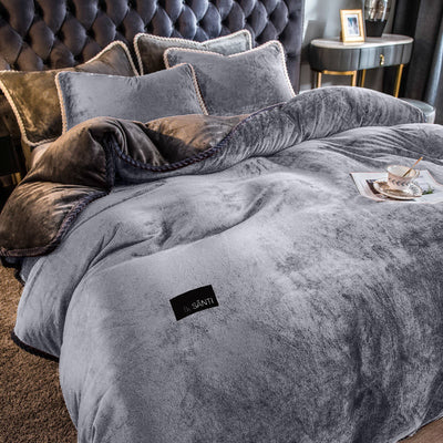 Cozy bedroom styled with Amorgos velvet bedding set creating warm elegant and aesthetic luxury bedroom look