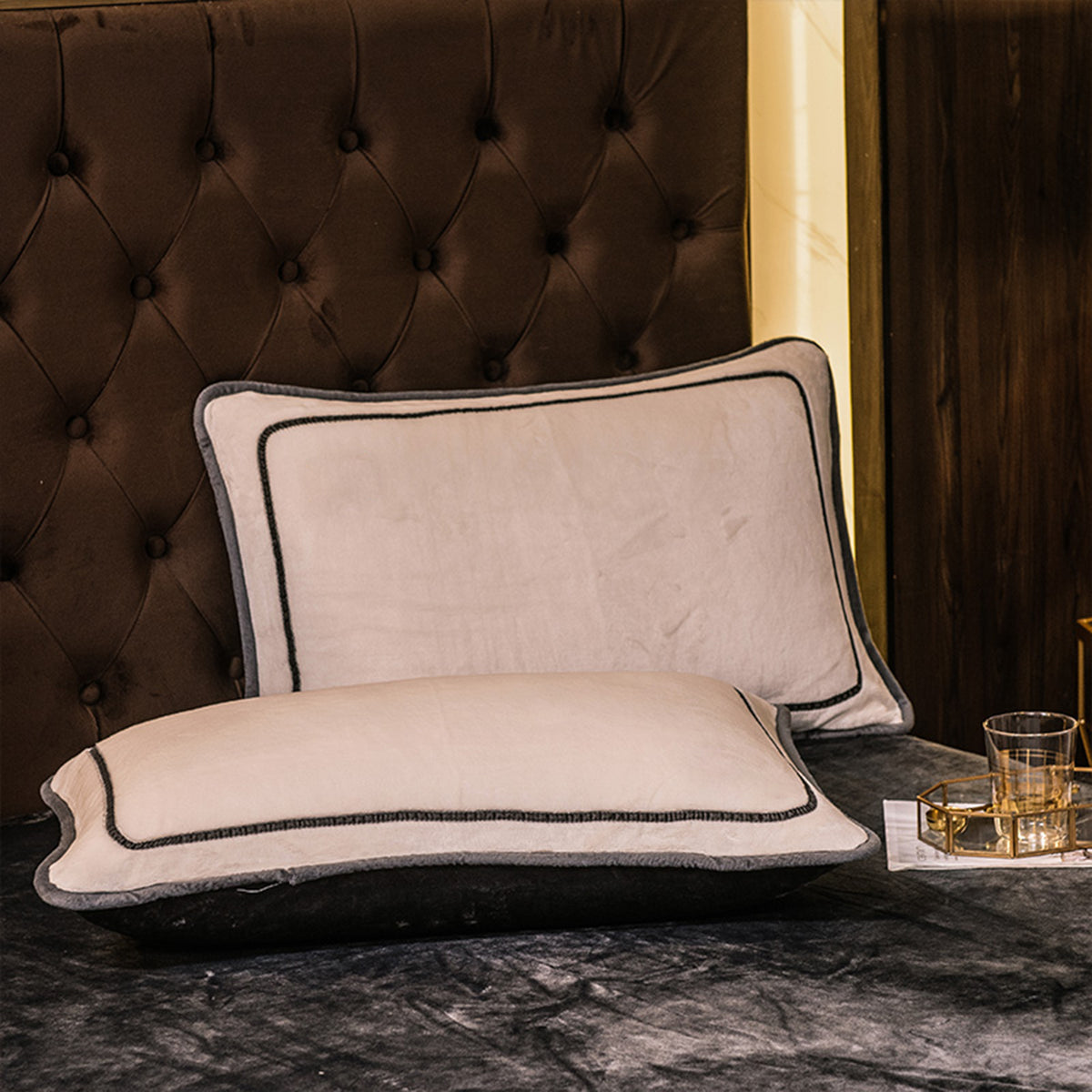 Modern luxury bedroom featuring Velos Complete velvet bedding set
